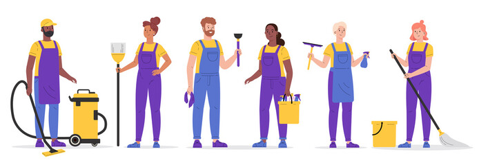 Set of cleaning company staff to work with the equipment. Cleaning service, people vacuuming and washing in uniform. Woman with buckets and mop,broom,wiper,plunger. Vector illustration in a flat style