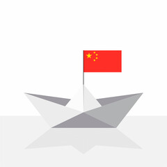 Origami paper ship with reflection and China flag. Vector illustration.