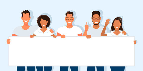 Happy smiling group of people holding empty blank placard or board standing together. Black and fair-skinned women and men. Vector illustration.