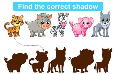 Find correct shadow. Kids educational game. Set of Forest and Zoo Animals to find the correct shadow. Simple gaming level for preschool kids
