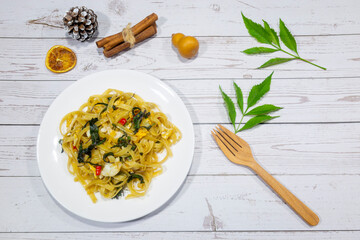 My dinner was chilli pasta with garlic and spicy herbs.