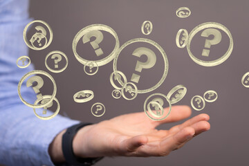 Businessman solving problem with digital question marks 3D rendering