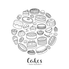 Hand drawn cakes in circle.
