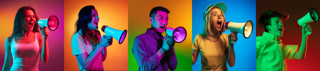 Portraits of group of multiethnic people on multicolored background in neon light, collage.