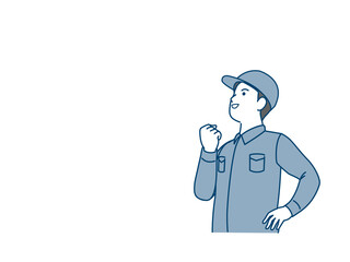 ガッツポーズをする　作業着を着た男性　従業員　製造業　やる気　元気　イラスト素材