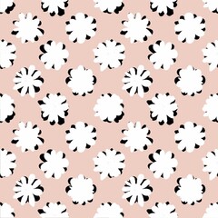Black and white flowers on a pink background. Abstract flowers seamless pattern. Nordic flowers.