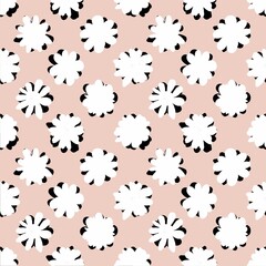 Black and white flowers on a pink background. Abstract flowers seamless pattern. Nordic flowers.