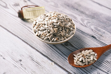 sun flower seeds and oils on table,