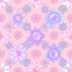 Fototapeta na wymiar Pastel florals seamless pattern. Lilac, pink magic flowers. Hand drawn flowers. endless background for fabric, tektil, packaging, paper, baby products.