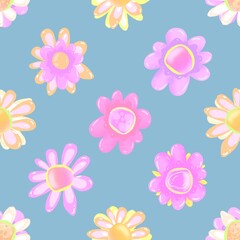 Pastel flowers on a blue background. Childish flowers seamless pattern. 
