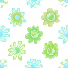 Floral seamless pattern. Green flowers on a white background. Cheerful magic flowers. Hand drawn flowers. endless background for fabric, tektil, packaging, paper, baby products.