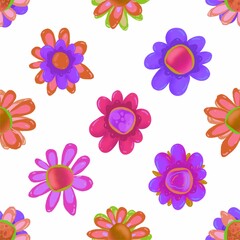 Fototapeta na wymiar Floral seamless pattern. Cheerful magic flowers. Hand drawn flowers. endless background for fabric, tektil, packaging, paper, baby products.