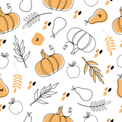 Autumn pattern with pumpkins, pears, apples and autumn leaves
