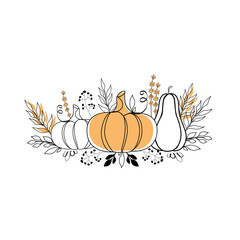 Composition of pumpkin with flowers