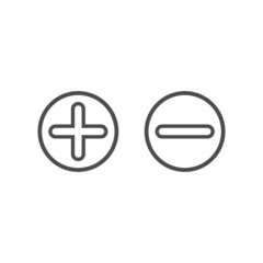 Plus and minus buttons in circle. Black line flat vector icons isolated on white.
