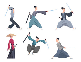 Samurai. Male asian warriors with sword various action poses exact vector cartoon characters isolated © ONYXprj