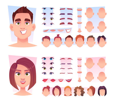 Male face constructor. Man face parts avatar creation kit lips nose eyes head various emotions exact vector illustrations in cartoon style