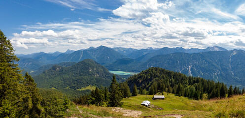 Panoramic Aerial view of Alp Lake Walchensee and the alpine Hut -  Staffel. Bavarian Prealps in...