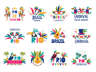 Brazil badges. Rio colored carnival muzical samba festival parade recent vector illustrations collection