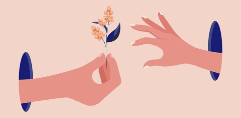 Hands with flower. Hand from blue hole hold berry bunch. Abstract contemporary art of love or dating, male female sexual relations vector concept
