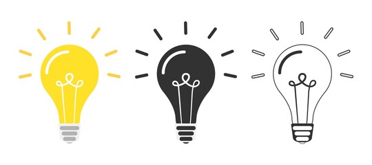 lightbulb icon, symbol of idea, flat vector illustration, solution, creativity sign, shining lamp, set of three bulbs.