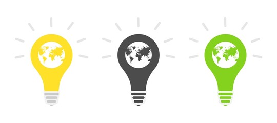 light bulb icon. Idea symbol. flat vector illustration. Glowing lamp. In the light bulb is the earth. set of three bulbs.