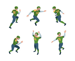 Fototapeta na wymiar Football players. Isometric sport characters american football players running jumping standing holding ball garish vector 3d persons in dynamic pose