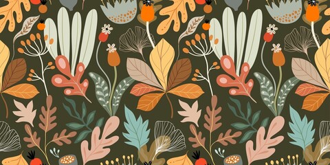 Autumn seamless pattern with different plants and leaves, seasonal decorative design