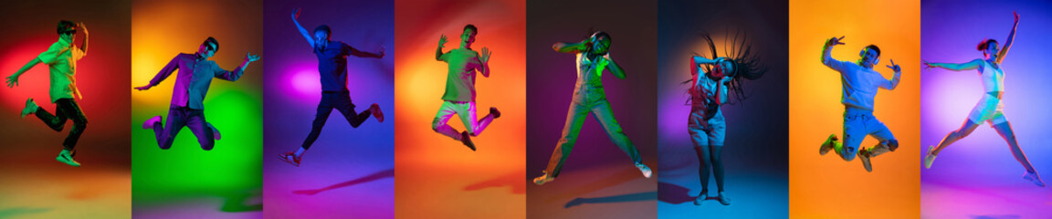Portraits of group of people, young man jumping isolated on multicolored background in neon light, collage.
