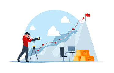 Business exploring. Man watching in telescope successful person growth up processes garish vector concept background illustration in flat style