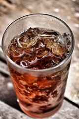 Close up of cola drink and glass on wood table background