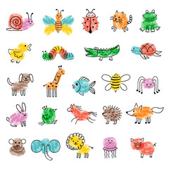 Fingerprints for kids. Game preschool education art with funny insects drawing paintings steps recent vector finger art templates collection