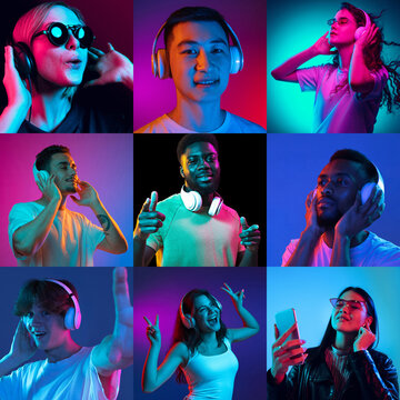 Composite image of photos of multiethnic men and women on multicolored background in neon light, collage. Square composition