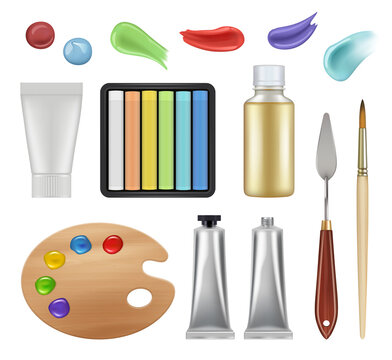 Tools for painters. Craft office supplies pencils brushes tubes with oil paint pallete decent vector realistic set isolated