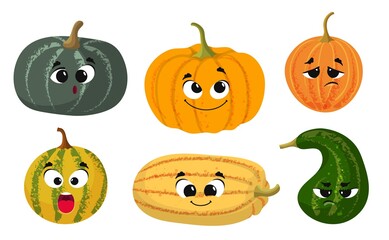 Cute cartoon pumpkin. Harvest time, fresh farm vegetables. Pumpkins comic faces vector set
