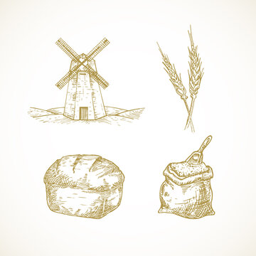 Hand Drawn Miller And Bakery Illustrations Set. Vector Windmill, Flour Sack With A Scoop, Wheat Spicas And Bread Sketches Collection. Doodles Bundle. Isolated