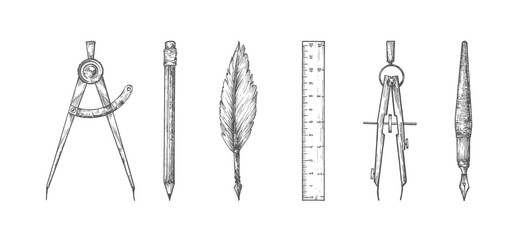 Retro Stationary Hand Drawn Doodle Vector Illustrations Set. Abstract School or Education Themed Engraving Style Sketch Drawings Collection with Compass, Ruler, Pen and Pencil. Isolated
