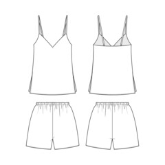 Fashion technical drawing of home wear suit with tank top and shorts