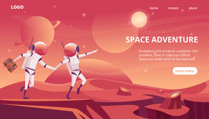 Cosmonauts landing. Space universe futuristic rockets shuttle travelling in cosmos exact vector web page template © ONYXprj