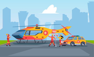 Medical care transport. Urban accident hospital fast rescue service lifeguard urgent disaster garish vector flat background illustration