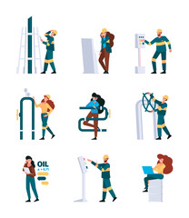Fototapeta na wymiar Oil industry person. Professional workers industrial engineers working on pipelines gas production garish vector flat characters