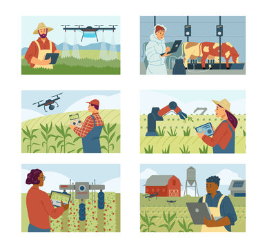 Set of vector flat illustrations with farmers who use innovative technologies and robots for smart farming. Automation of farming with help of drones and computers.