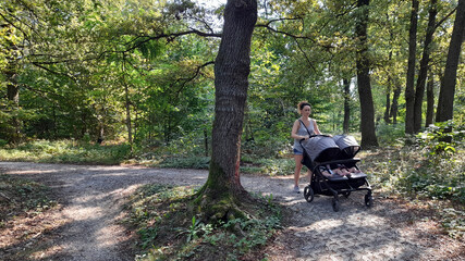 Giovane donna che passeggia con i suoi gemelli nel parco in estate