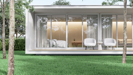 Minimal style white house exterior with empty green lawn 3d render - obrazy, fototapety, plakaty