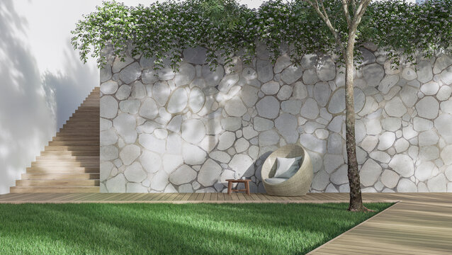 Modern garden with empty nature stone wall 3d render,There is a wooden walk way. Green lawn, big trees provide shade.