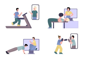 Online workouts with personal coaches on screen in gym or home.