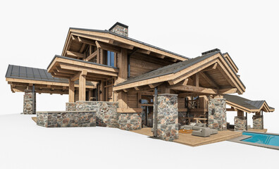 3d rendering of modern cozy chalet with pool and parking for sale or rent. Massive timber beams columns. Clear sunny summer day. Isolated on white
