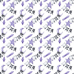 Halloween seamless pattern of cute festival accessories. Black flags, violet star, young moon and crystals. Kids party decor. Watercolor hand painted isolated element on white background.