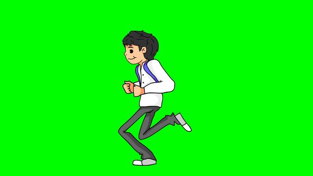 Animation of Running Teenager Boy with Backpack. Running boy late to school. Happy student go to school.
