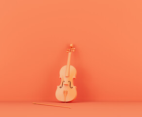 Monochrome orange color single violing and string in a pink studio, 3d rendering © markOfshell